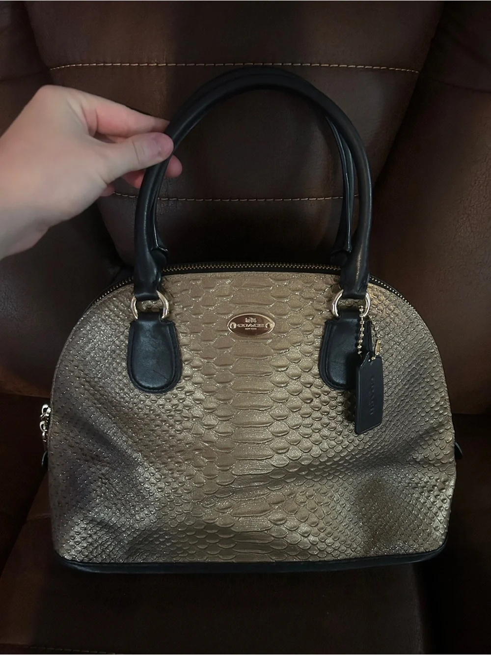 Coach Metallic Gold Textured Dome Satchel with Black Handles